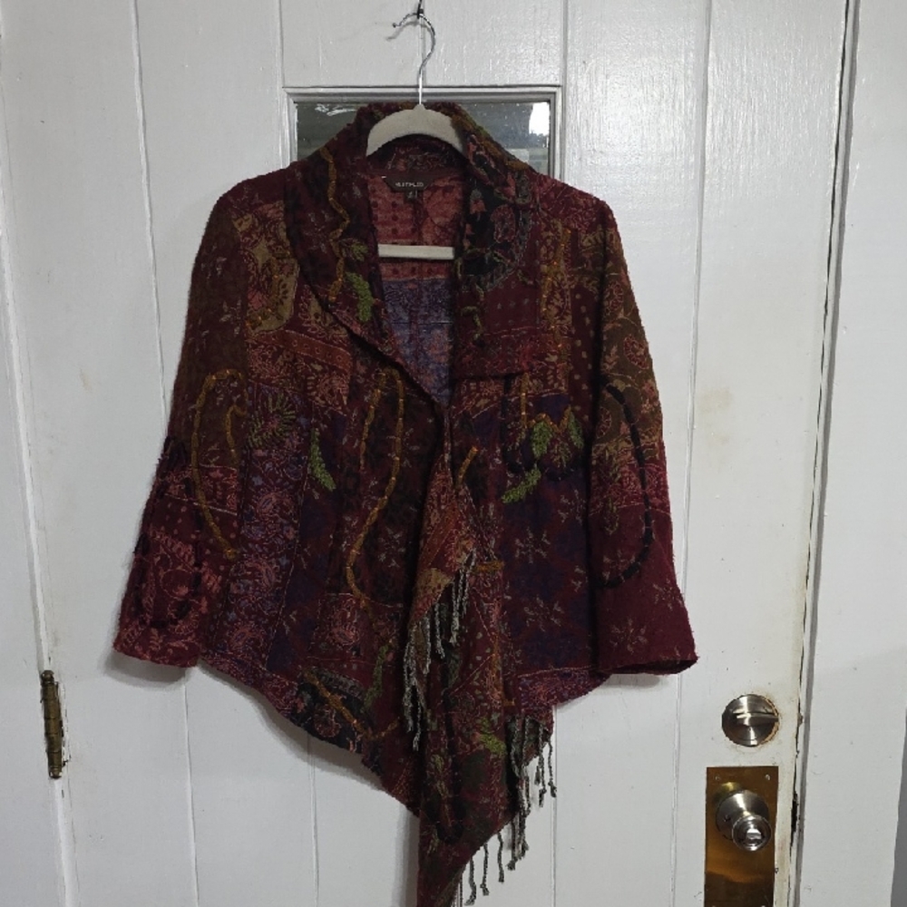 Multiples Women's Shawl Front Blazer Yarn Embroidery Paisley Fringe‎ Sz M EUC